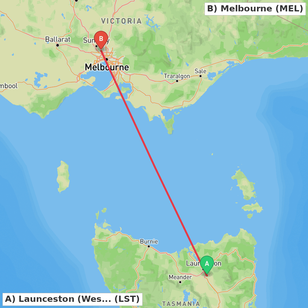 Flight route map from Launceston (Western Junction) to Melbourne