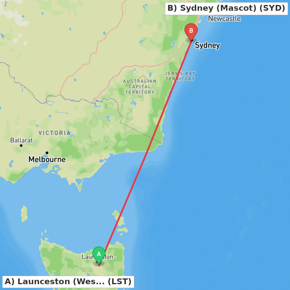 Flight route map from Launceston (Western Junction) to Sydney (Mascot)
