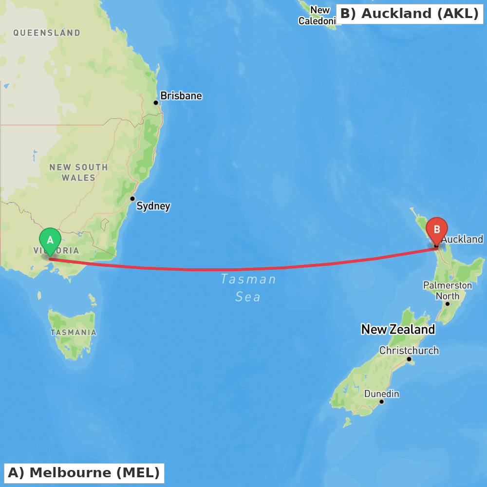 Flight route map from Melbourne to Auckland