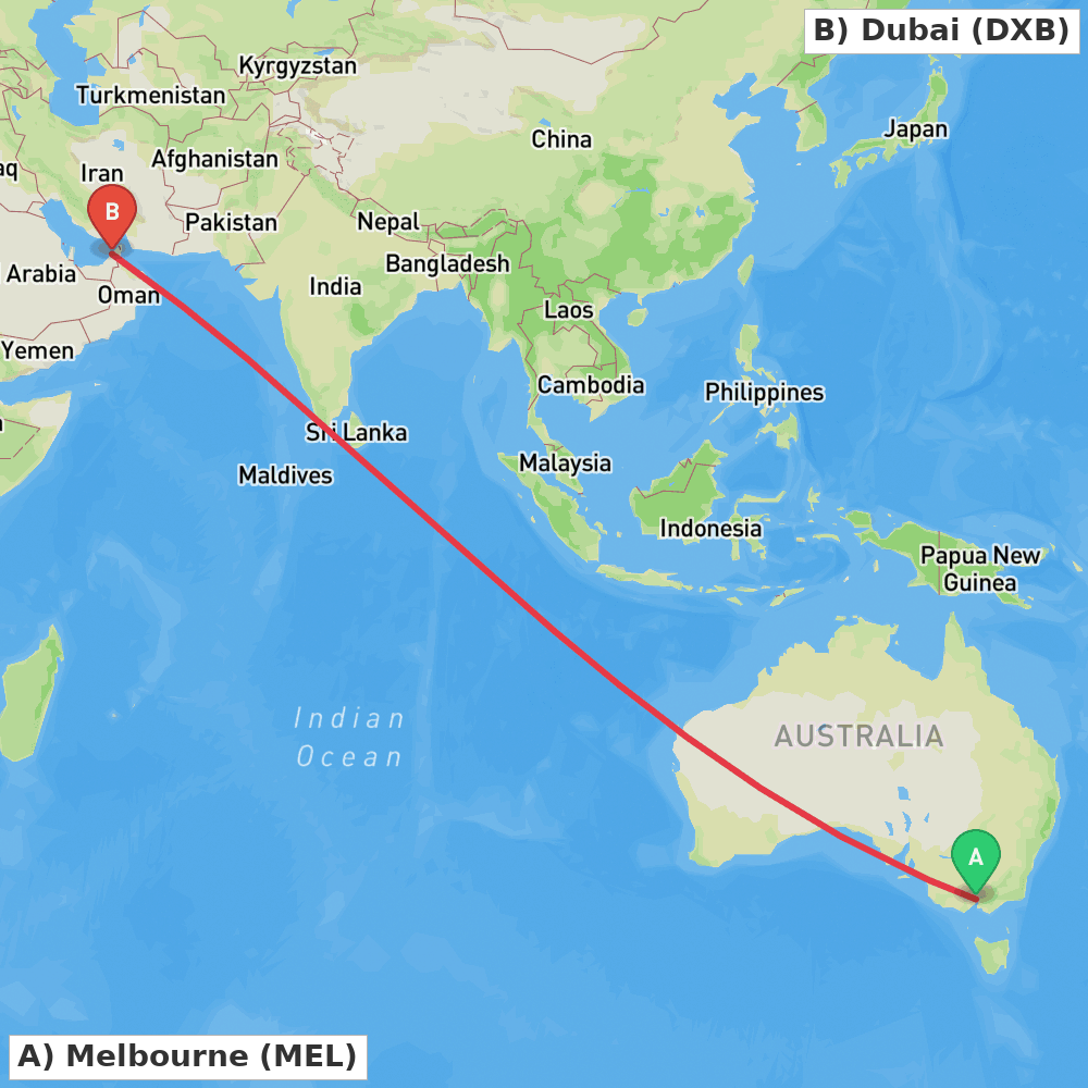 Flight route map from Melbourne to Dubai