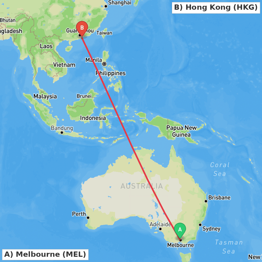 Flight route map from Melbourne to Hong Kong