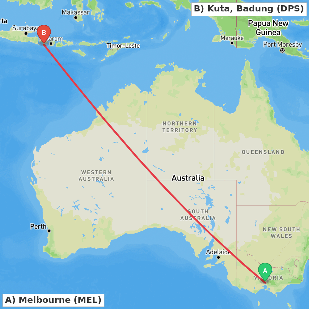 Flight route map from Melbourne to Kuta, Badung