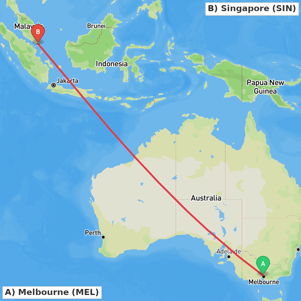 Flight route map from Melbourne to Singapore