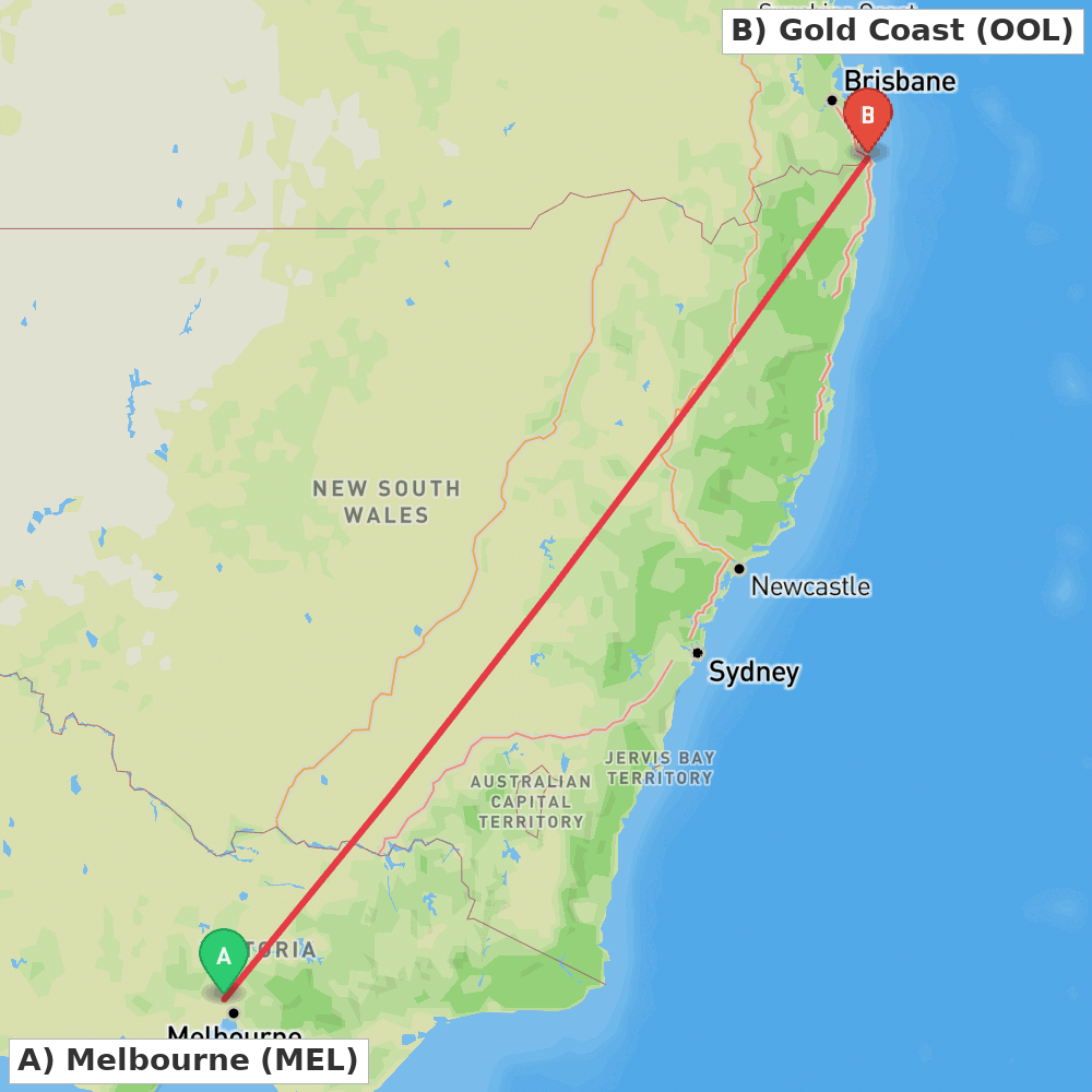 Flight route map from Melbourne to Gold Coast