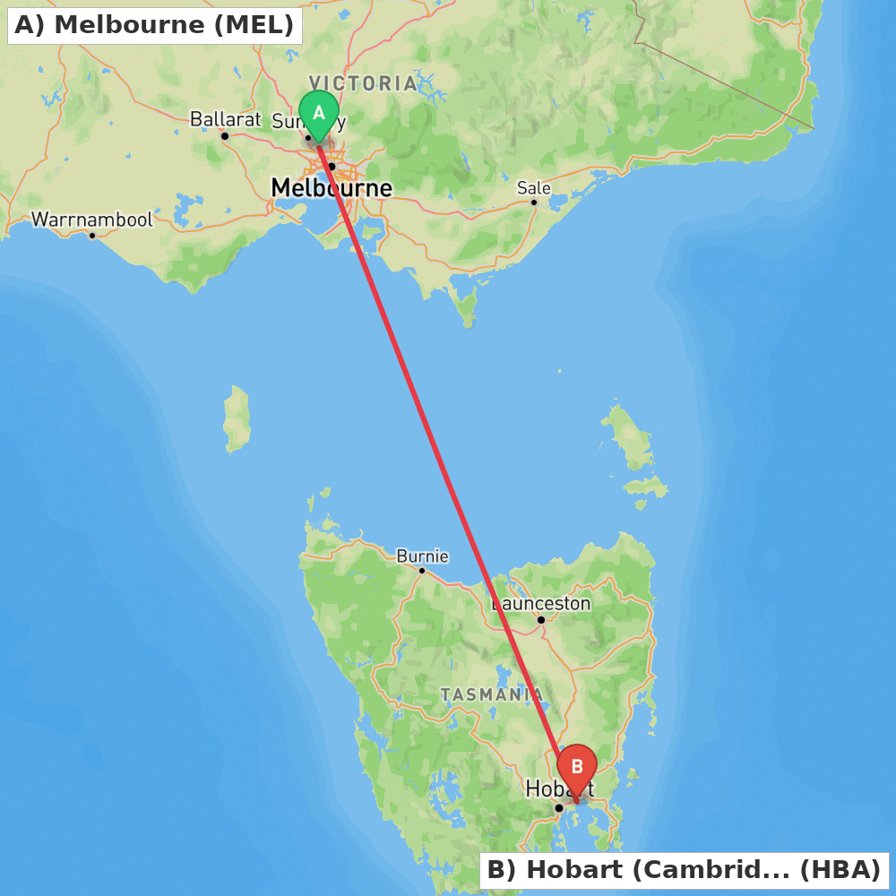 Flight route map from Melbourne to Hobart (Cambridge)