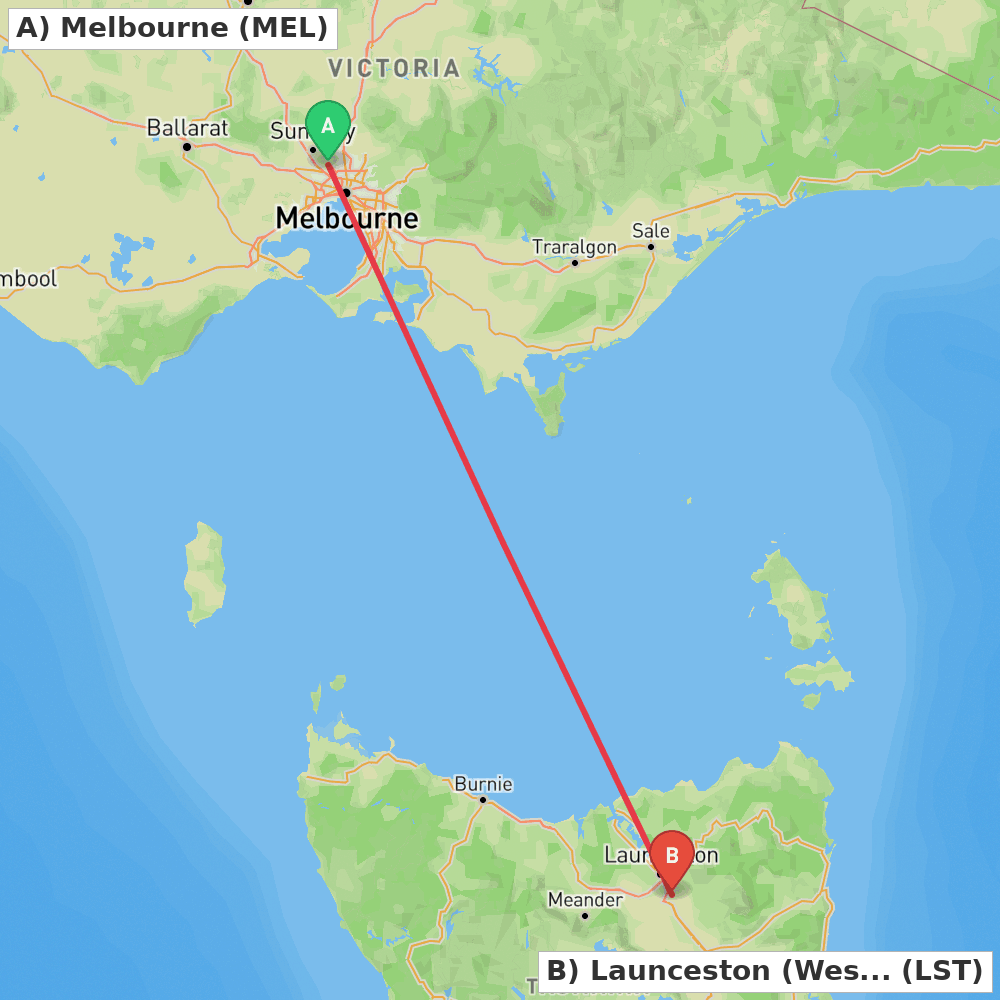 Flight route map from Melbourne to Launceston (Western Junction)