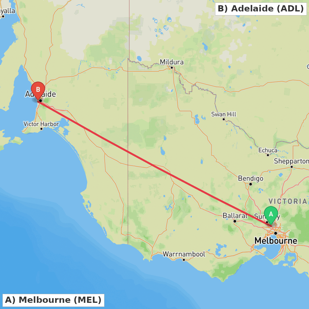 Flight route map from Melbourne to Adelaide