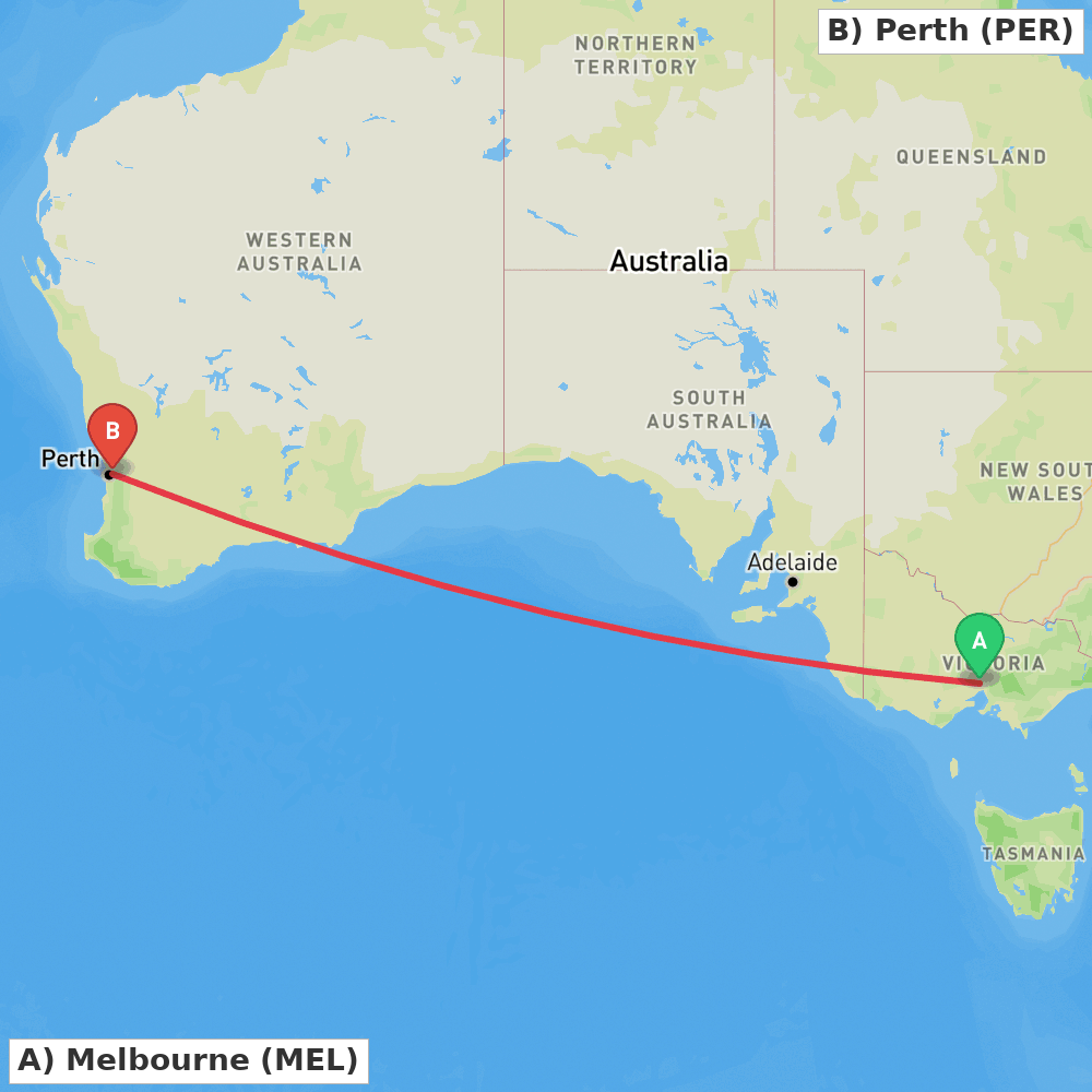 Flight route map from Melbourne to Perth