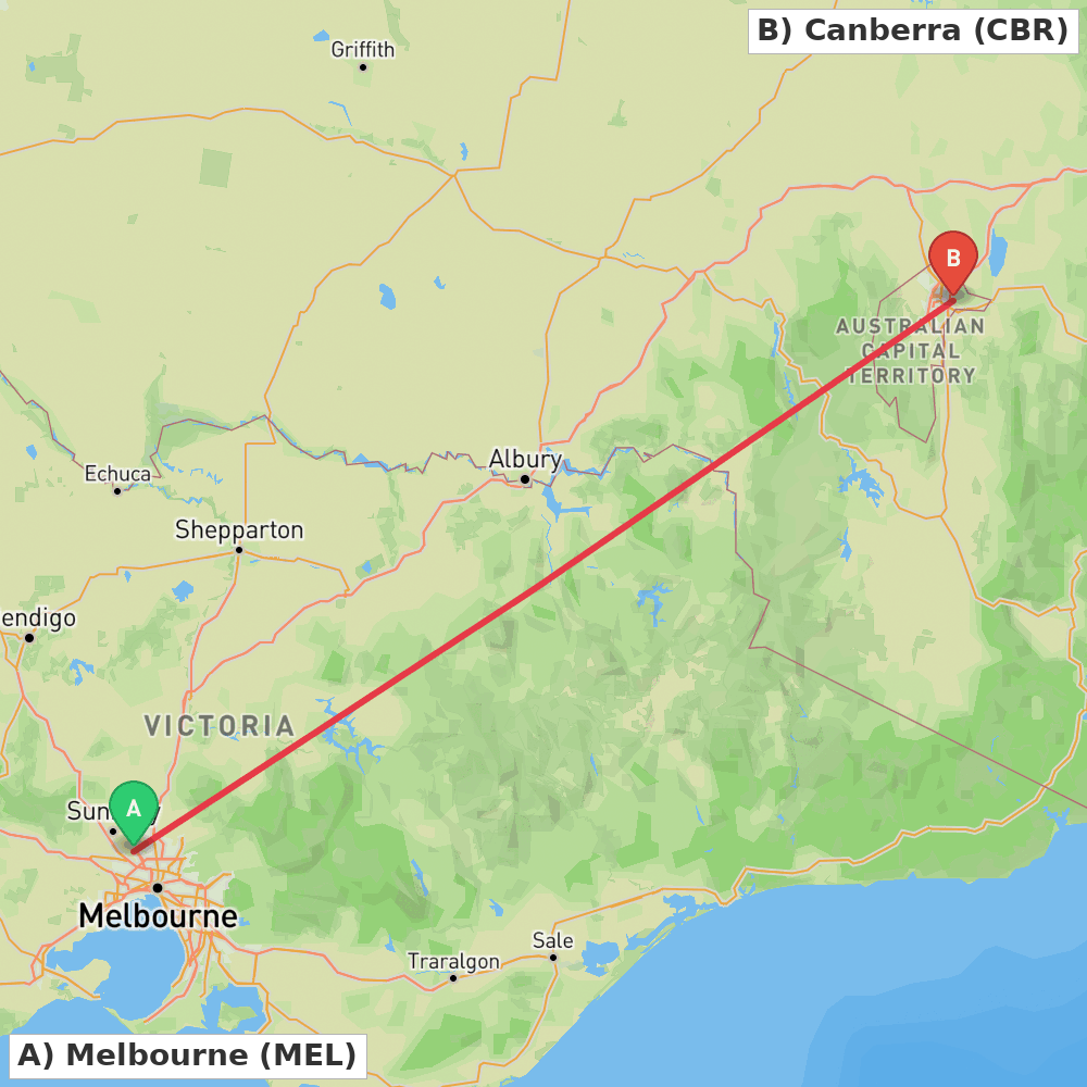 Flight route map from Melbourne to Canberra