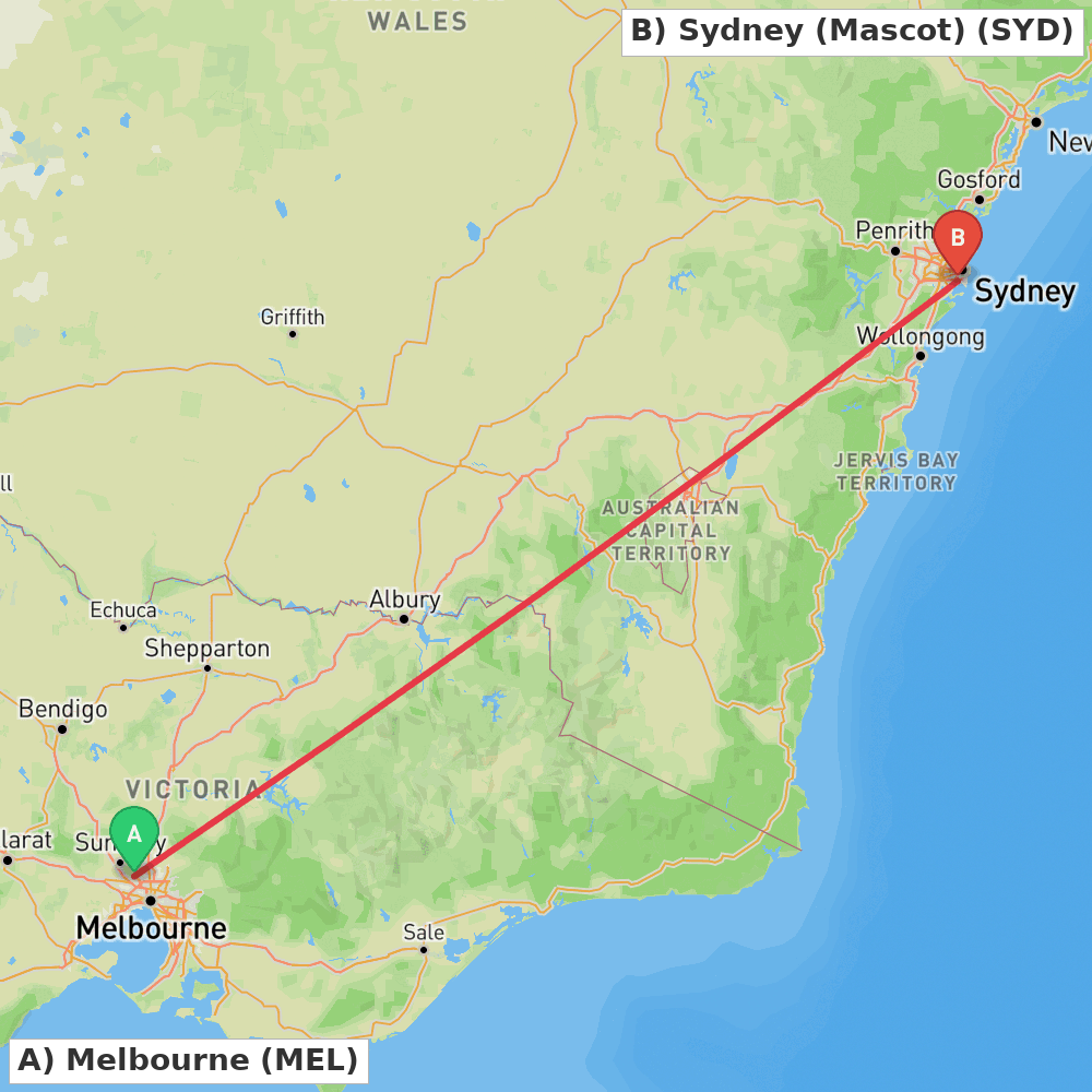 Flight route map from Melbourne to Sydney (Mascot)