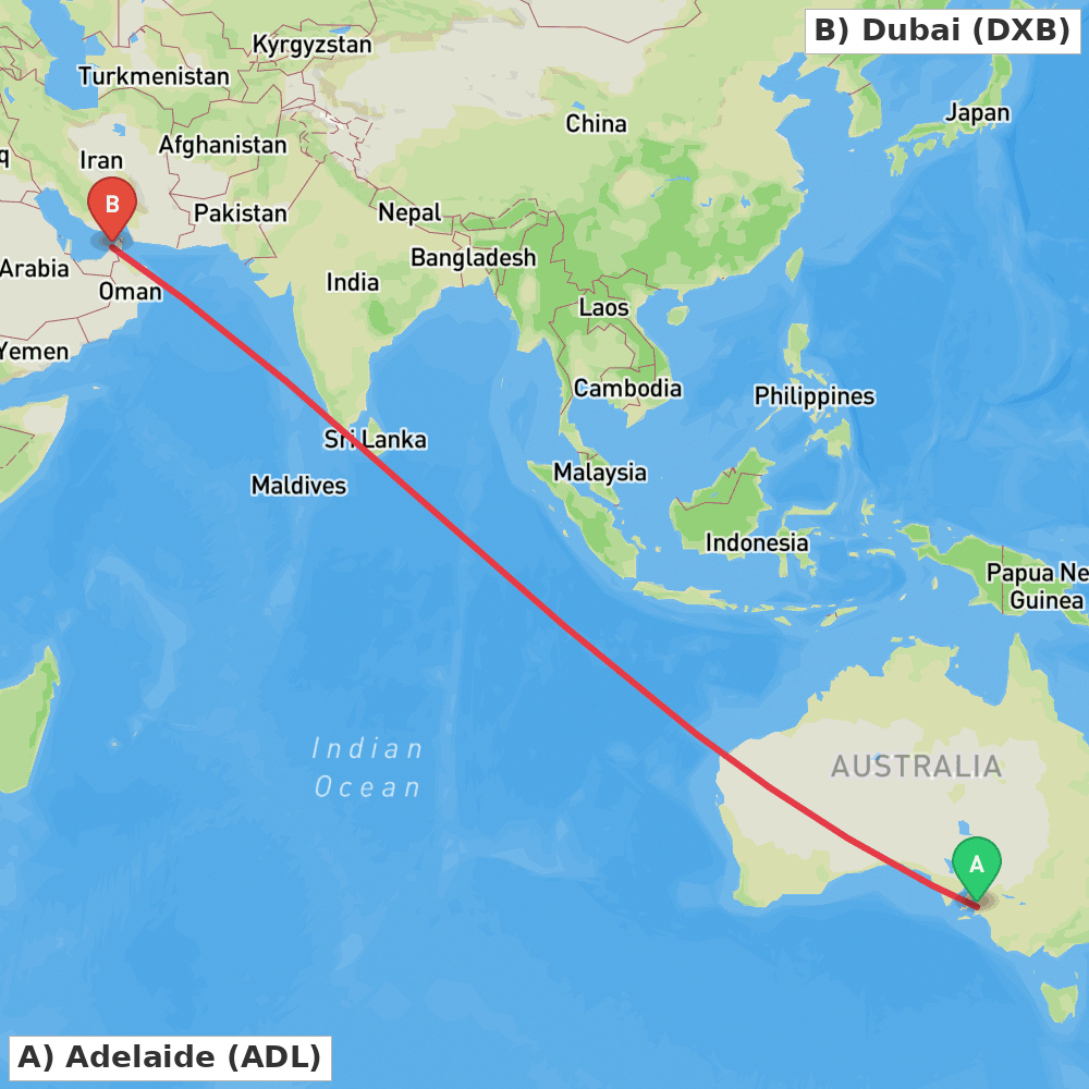 Flight route map from Adelaide to Dubai