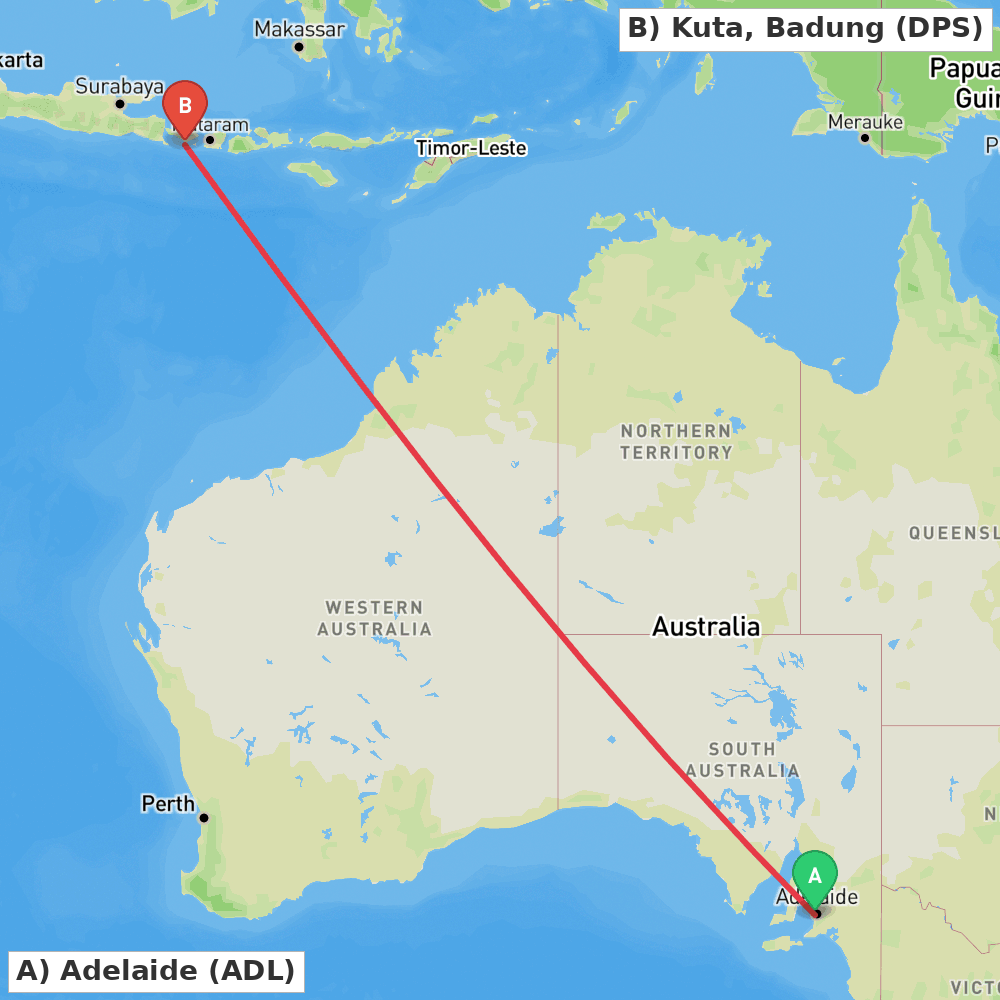 Flight route map from Adelaide to Kuta, Badung