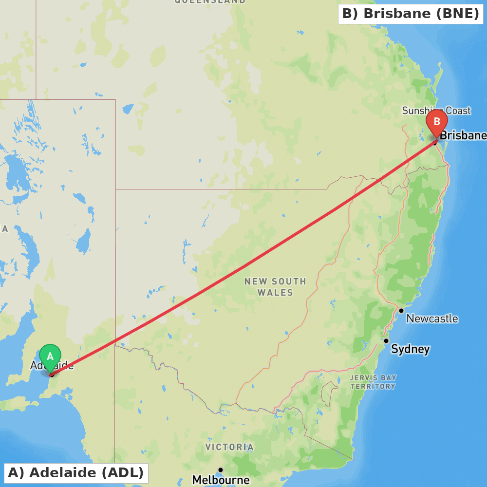 Flight route map from Adelaide to Brisbane