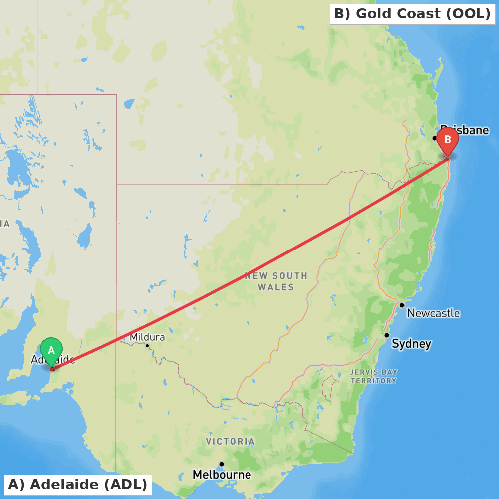 Flight route map from Adelaide to Gold Coast