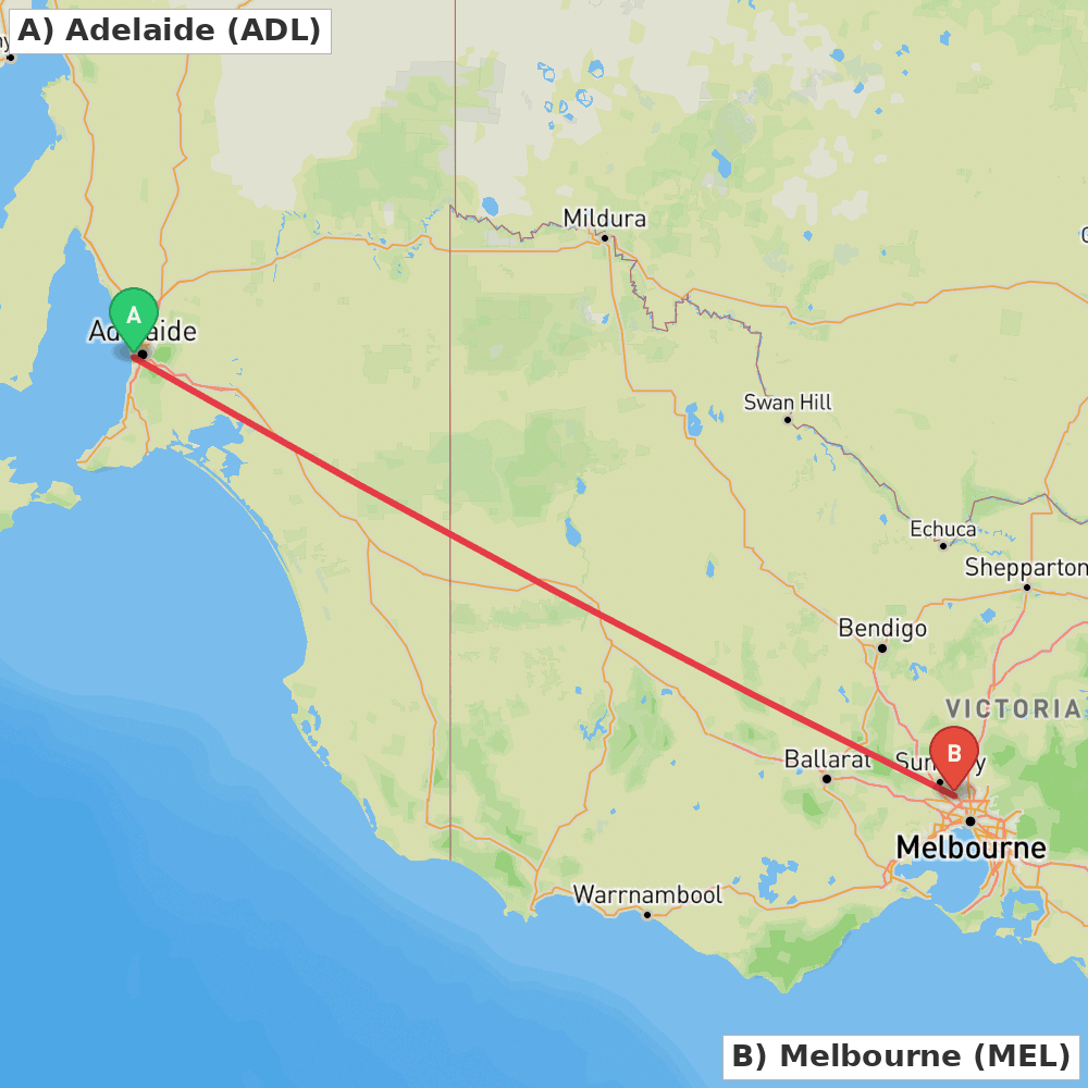 Flight route map from Adelaide to Melbourne