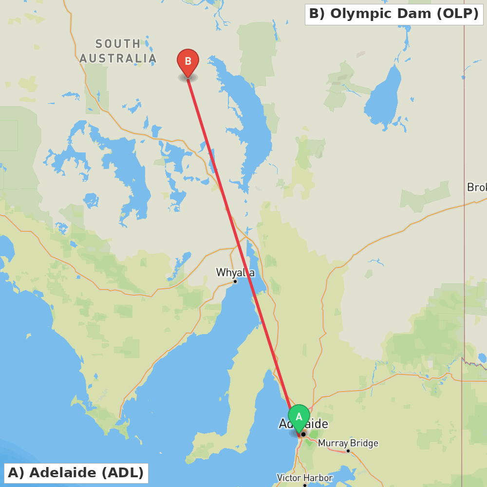 Flight route map from Adelaide to Olympic Dam