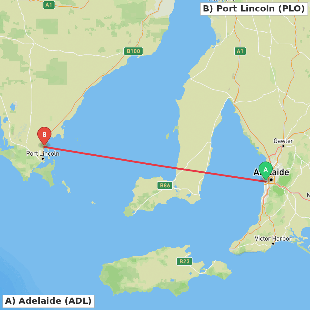 Flight route map from Adelaide to Port Lincoln