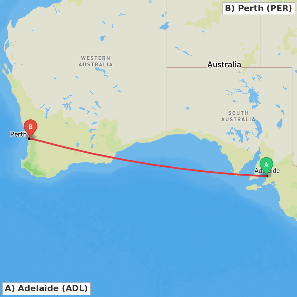 Flight route map from Adelaide to Perth