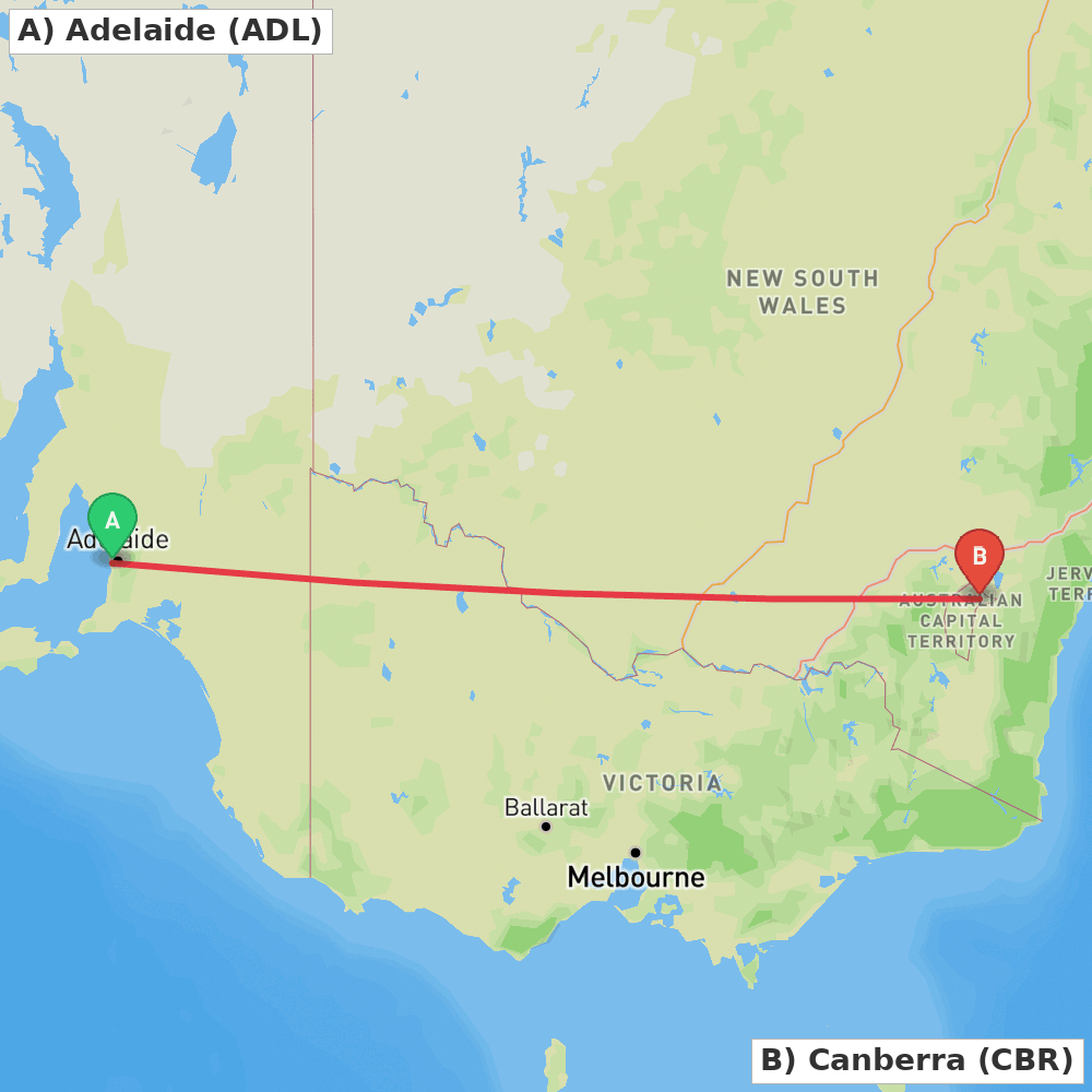 Flight route map from Adelaide to Canberra