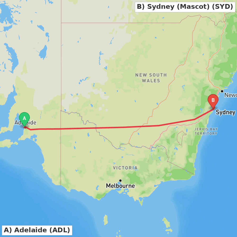 Flight route map from Adelaide to Sydney (Mascot)