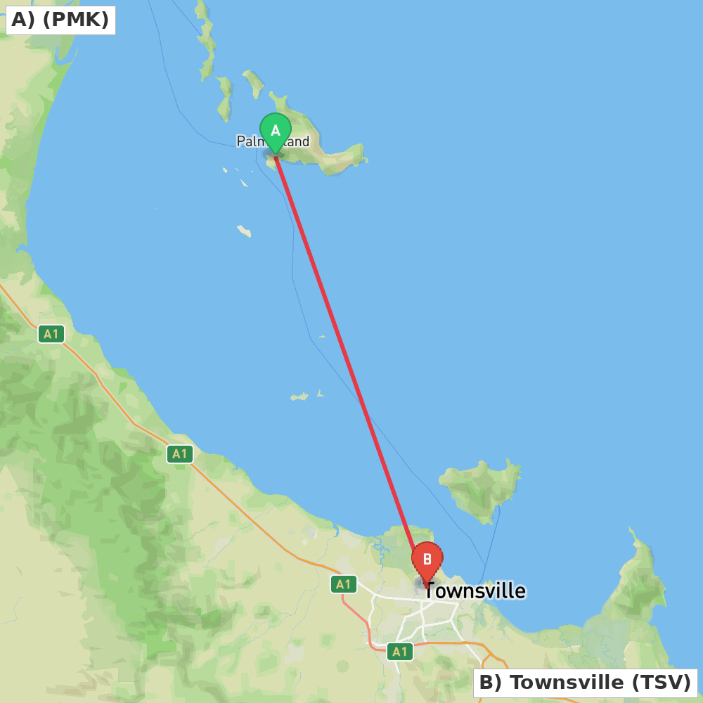 Flight route map from Palm Island Airport to Townsville