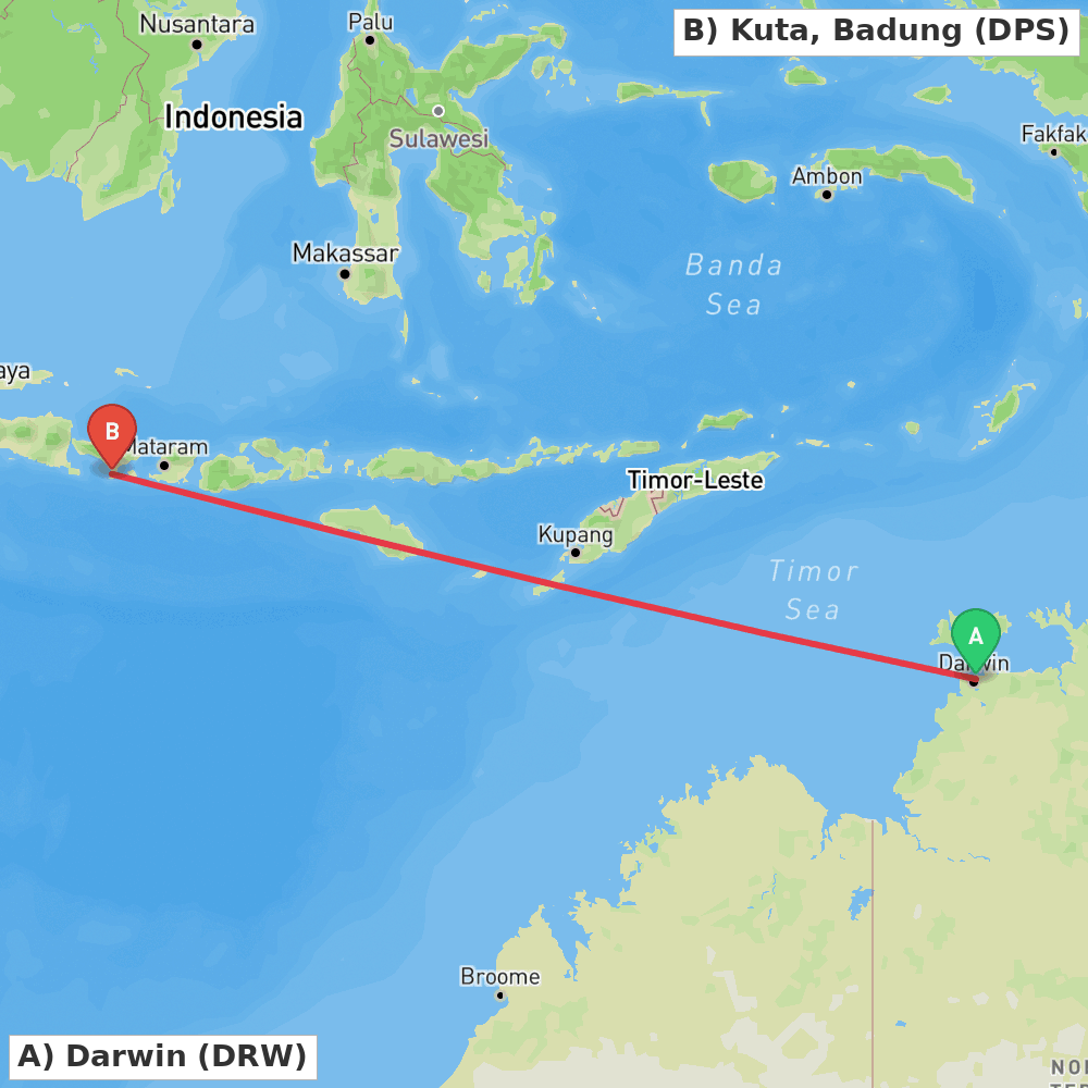 Flight route map from Darwin to Kuta, Badung