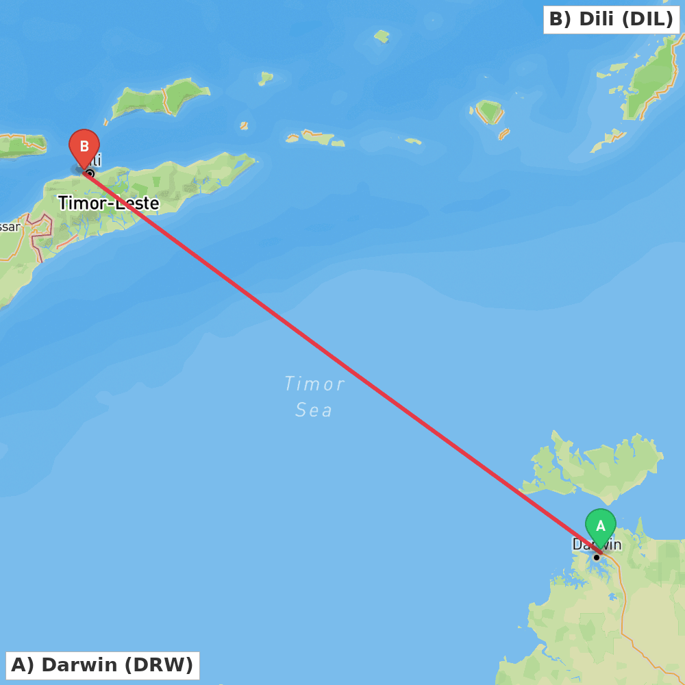 Flight route map from Darwin to Dili