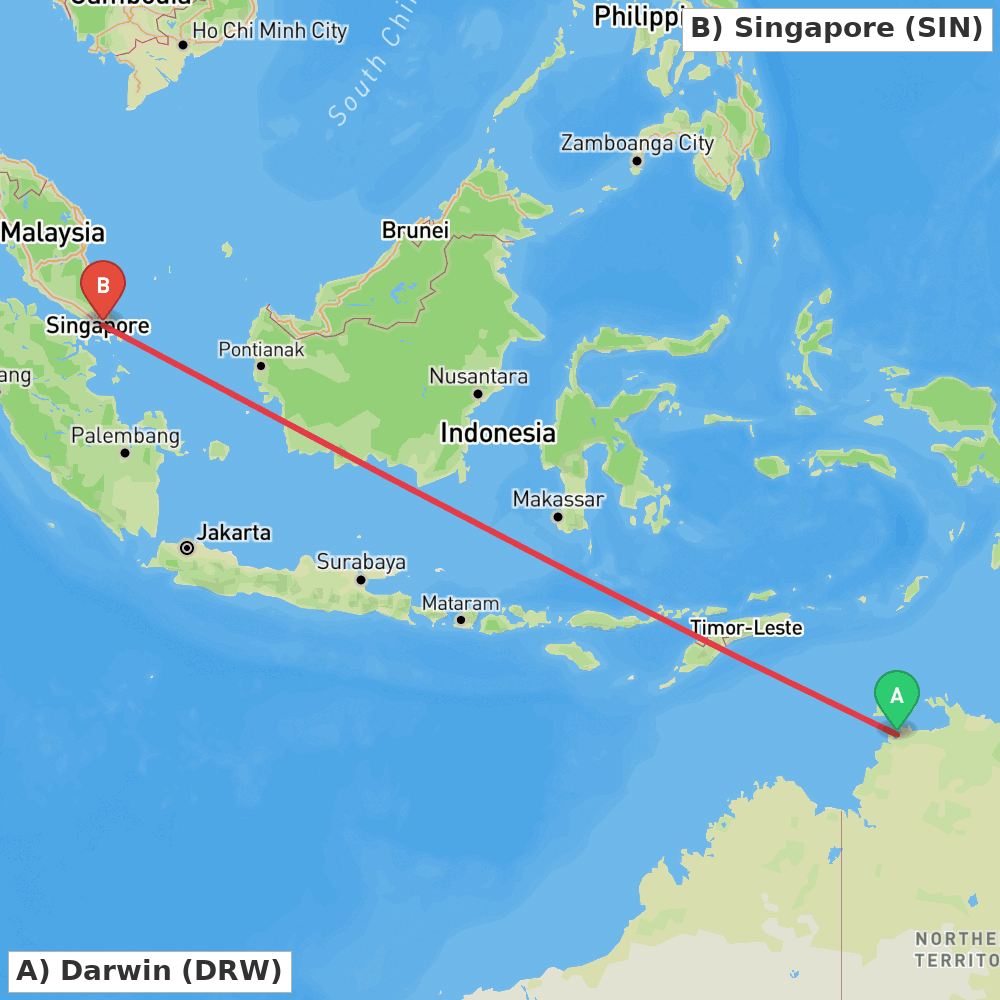 Flight route map from Darwin to Singapore