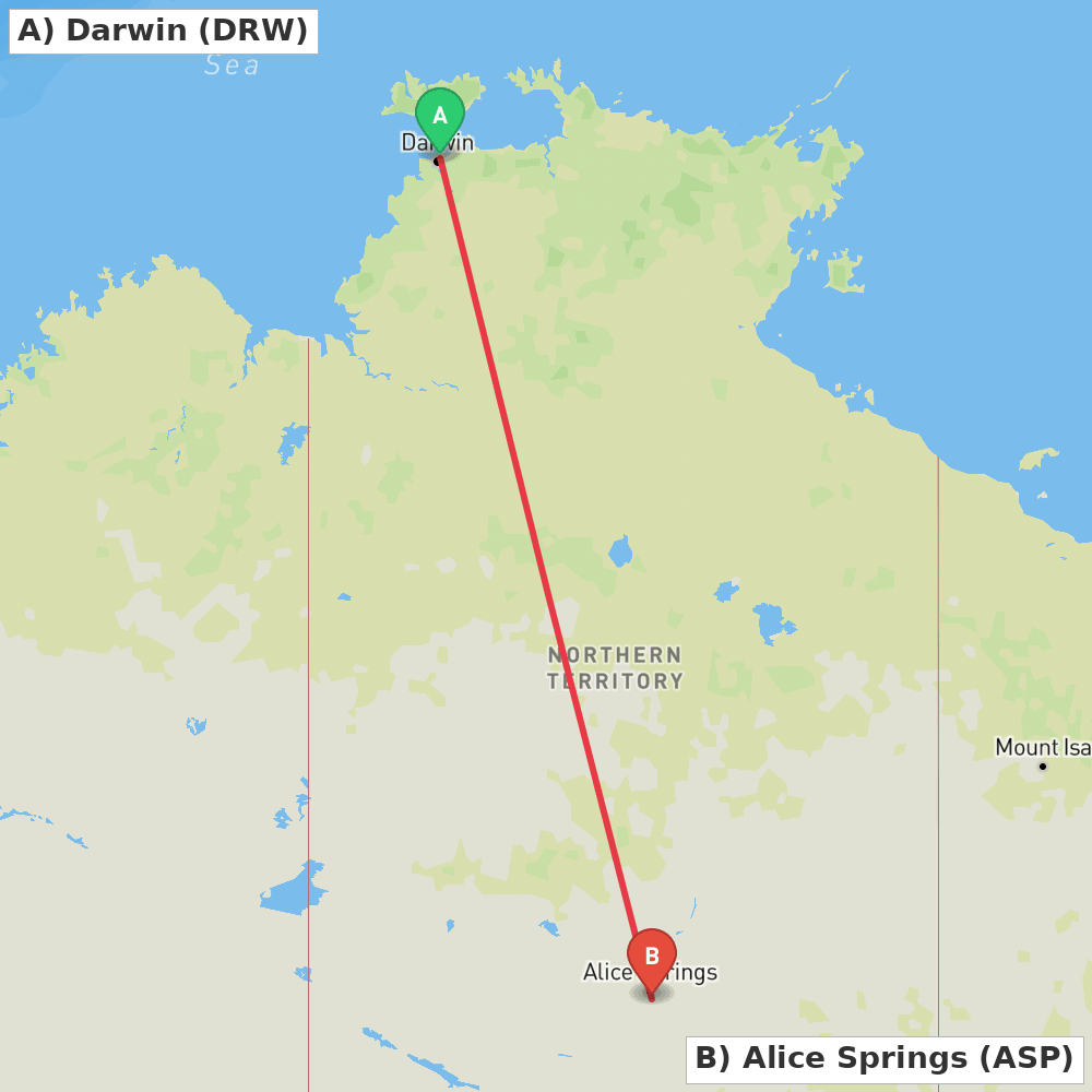 Flight route map from Darwin to Alice Springs