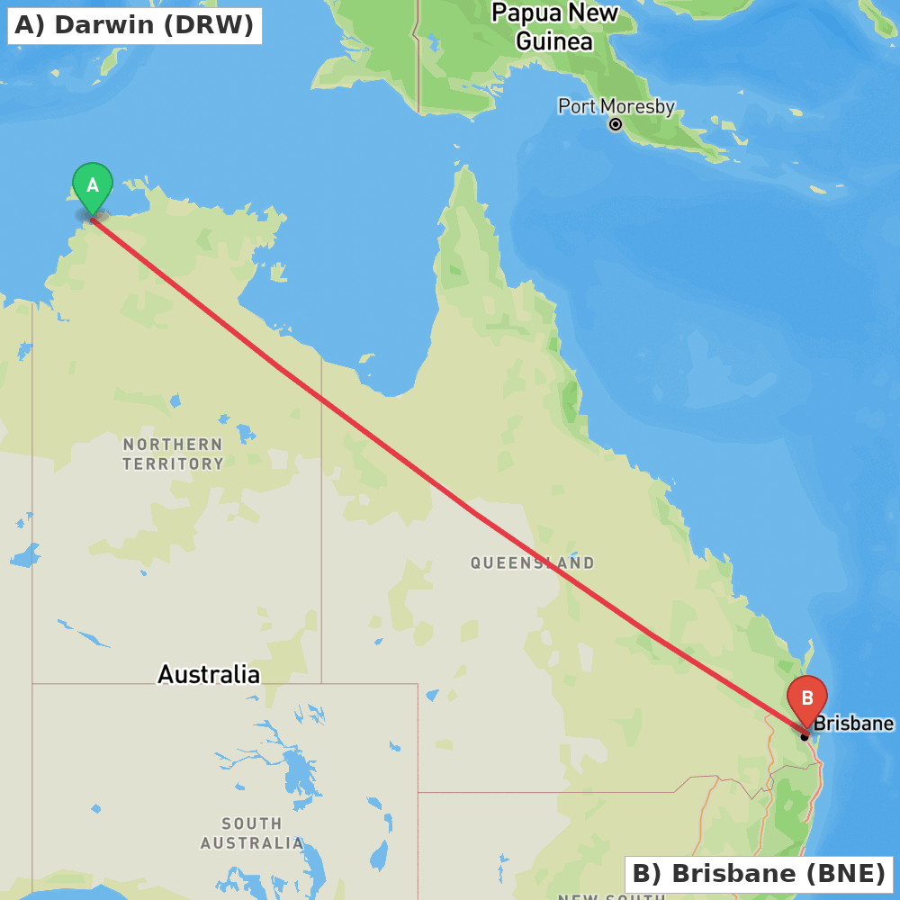 Flight route map from Darwin to Brisbane