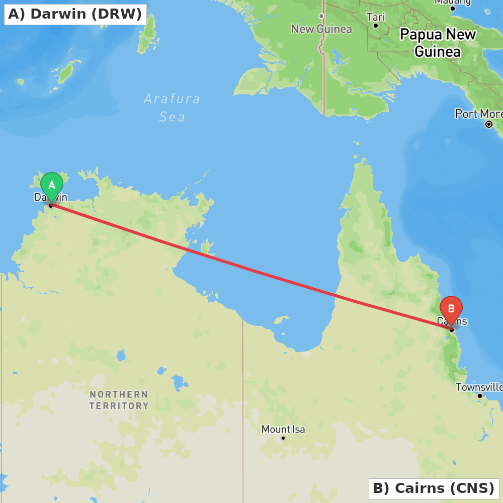 Flight route map from Darwin to Cairns