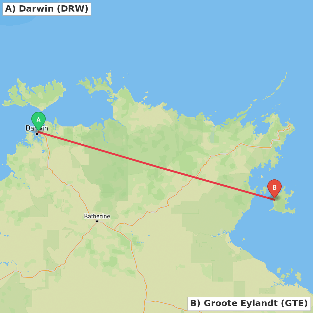 Flight route map from Darwin to Groote Eylandt