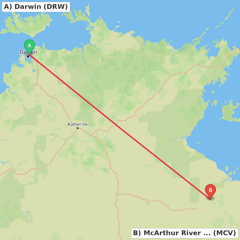Flight route map from Darwin to McArthur River Mine