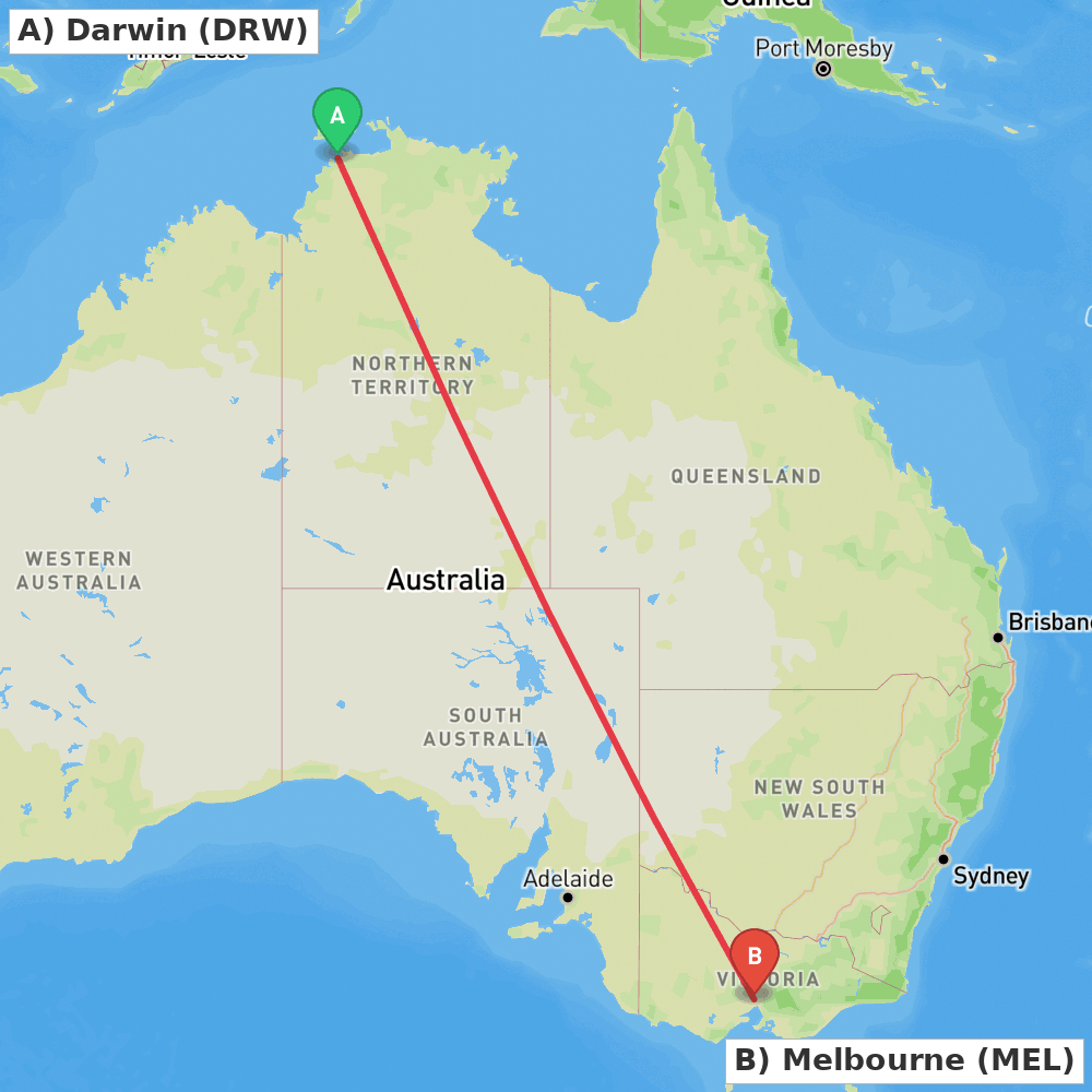 Flight route map from Darwin to Melbourne