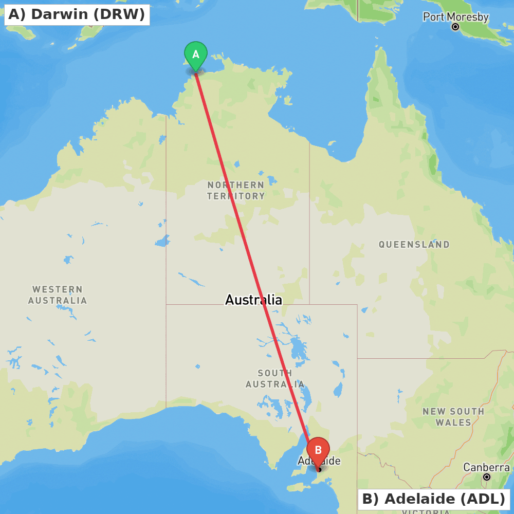 Flight route map from Darwin to Adelaide