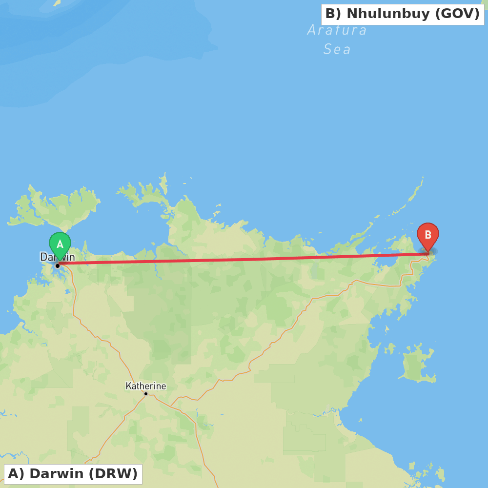 Flight route map from Darwin to Nhulunbuy