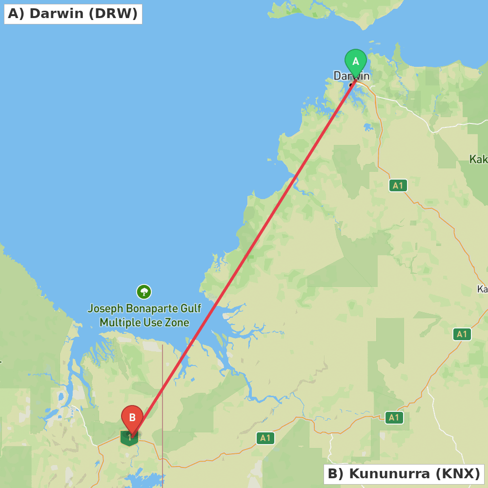 Flight route map from Darwin to Kununurra