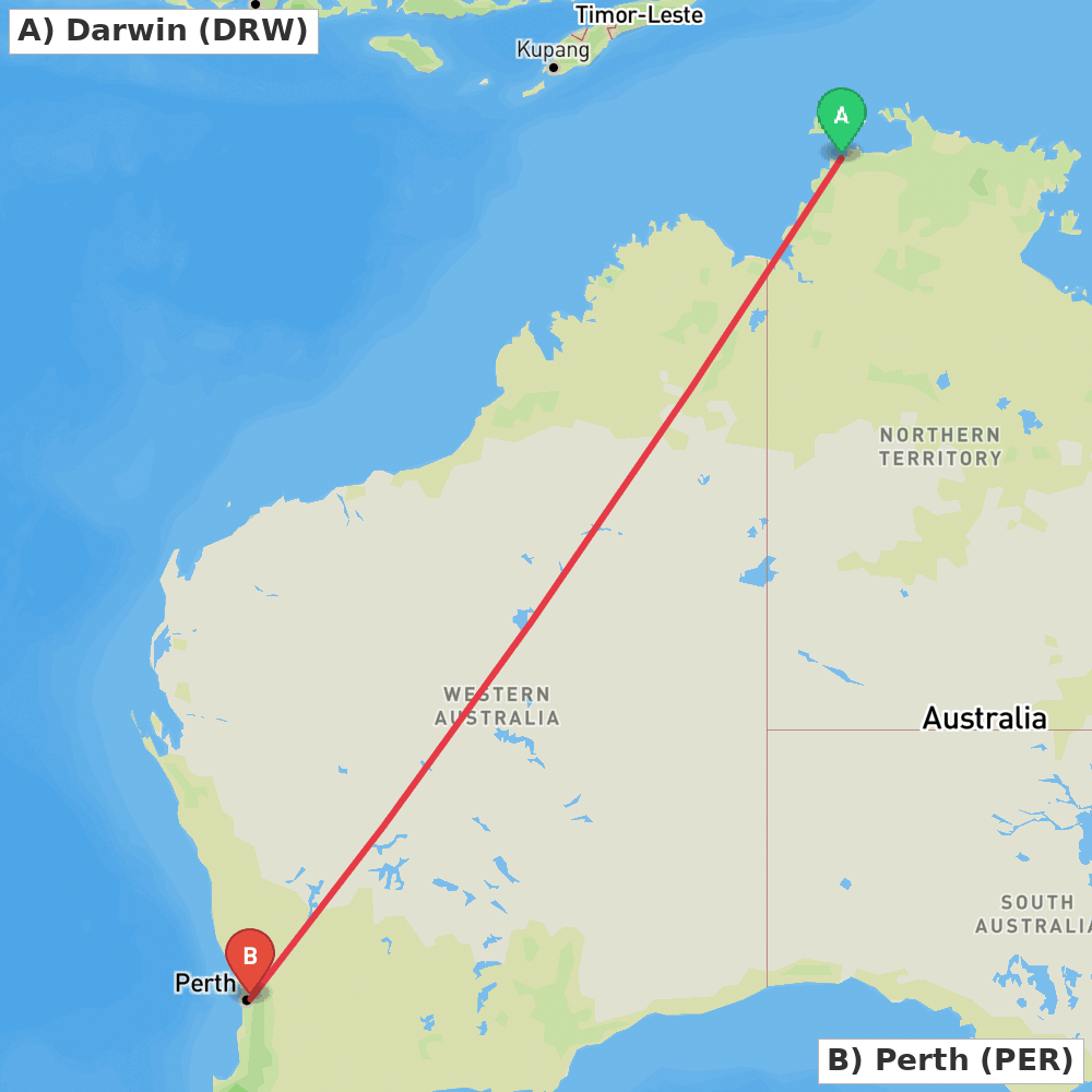 Flight route map from Darwin to Perth