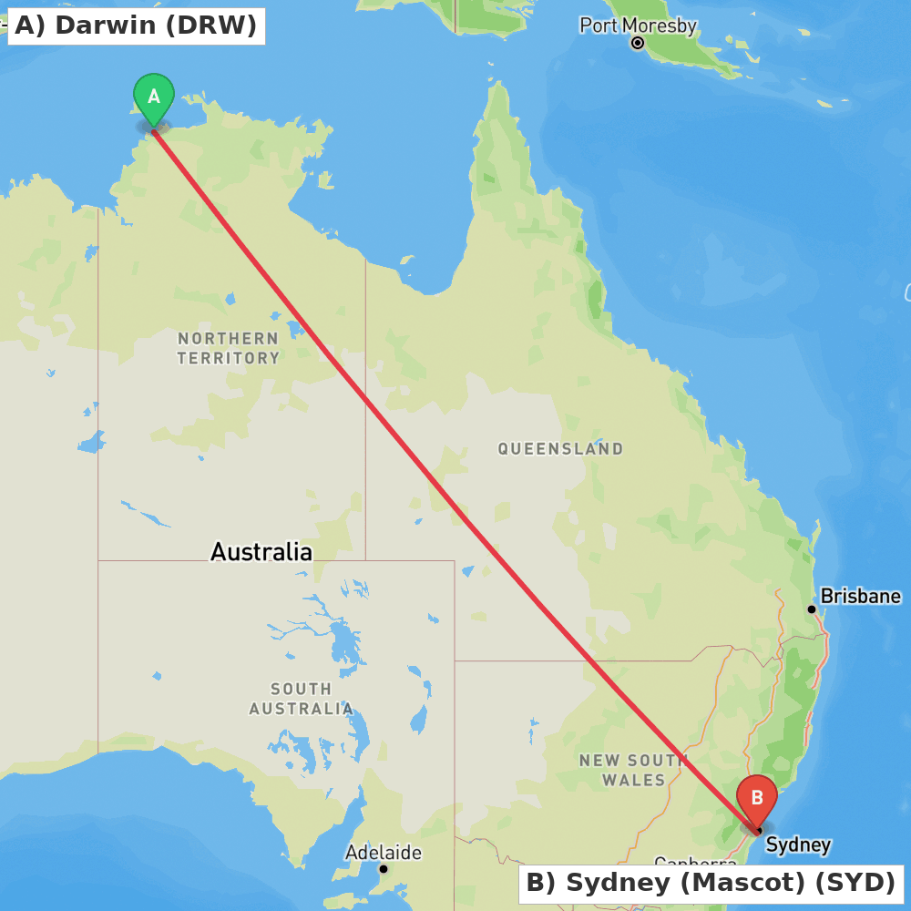 Flight route map from Darwin to Sydney (Mascot)