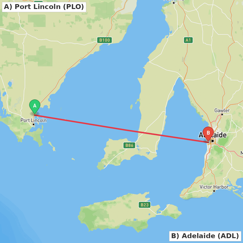 Flight route map from Port Lincoln to Adelaide