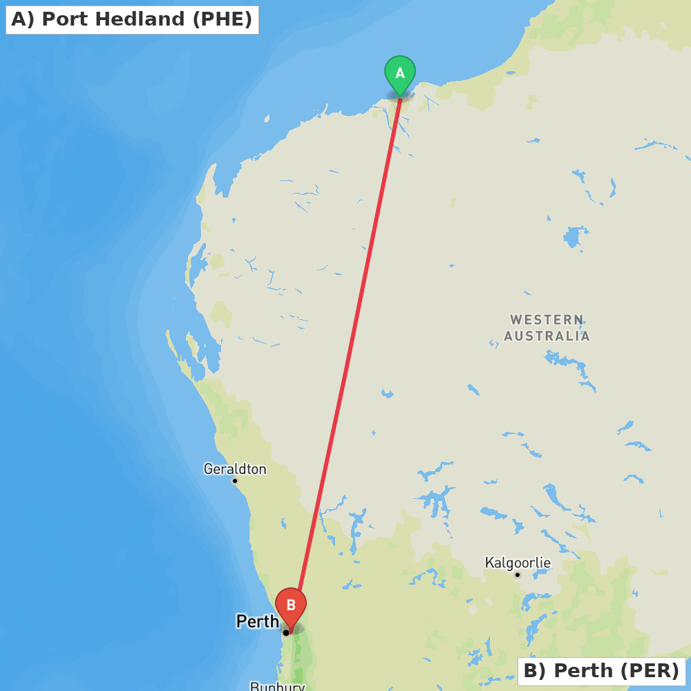 Flight route map from Port Hedland to Perth