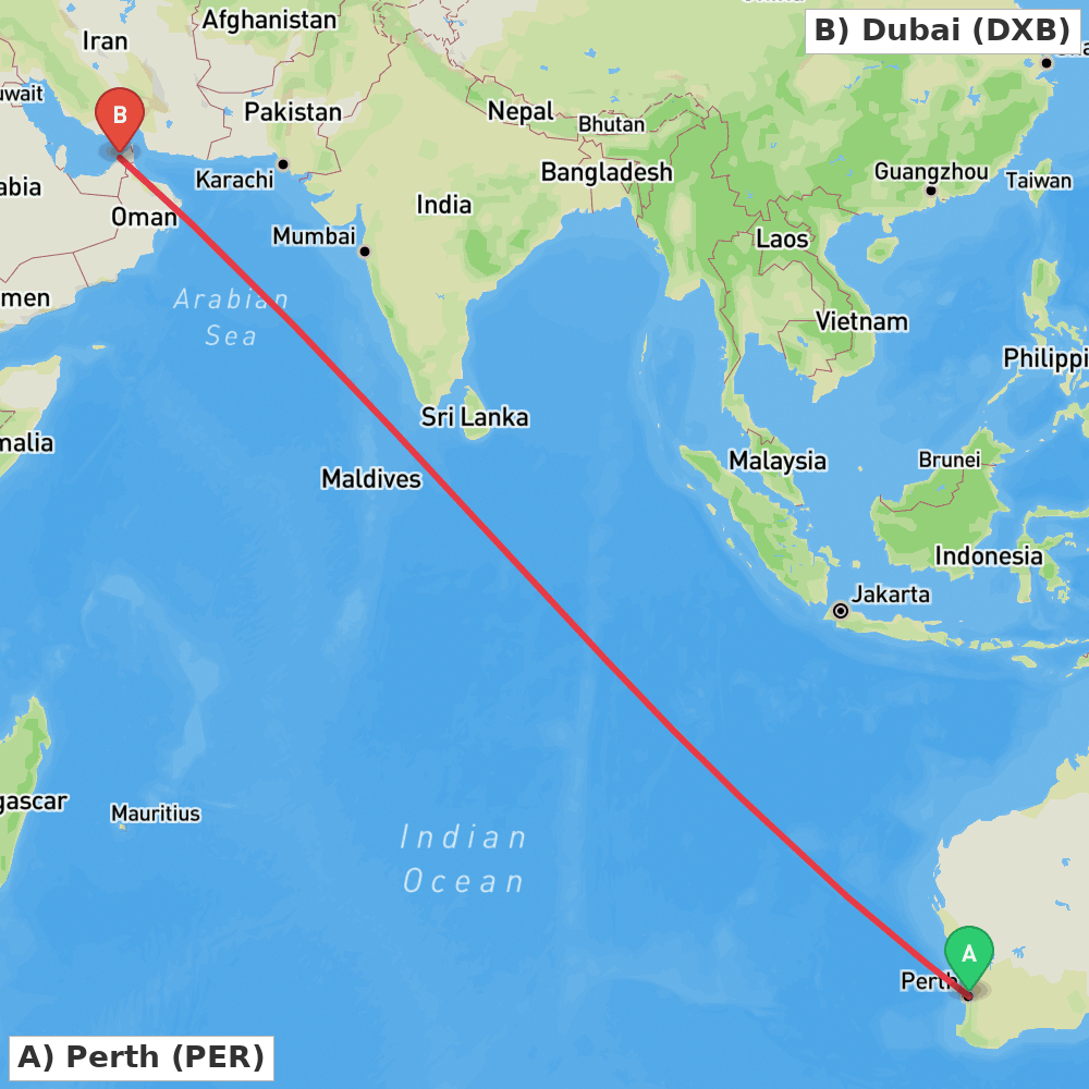 Flight route map from Perth to Dubai