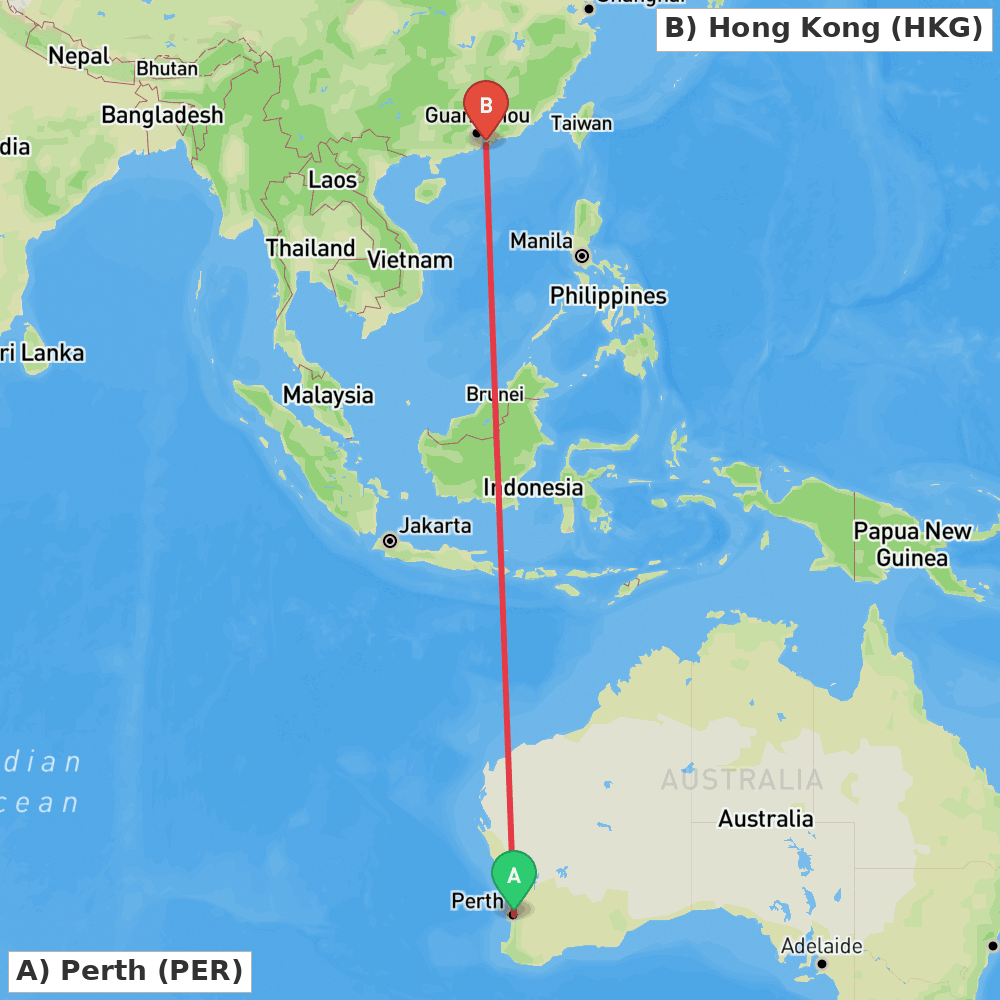 Flight route map from Perth to Hong Kong