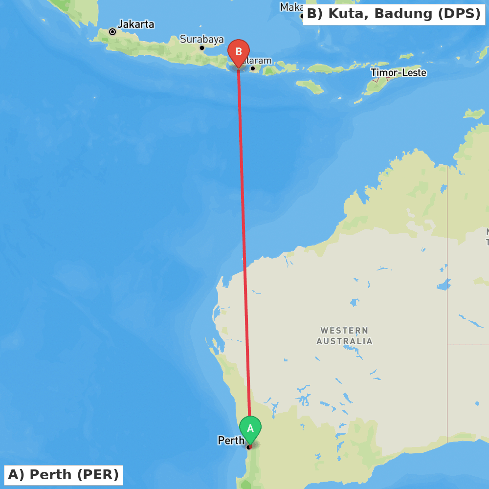 Flight route map from Perth to Kuta, Badung