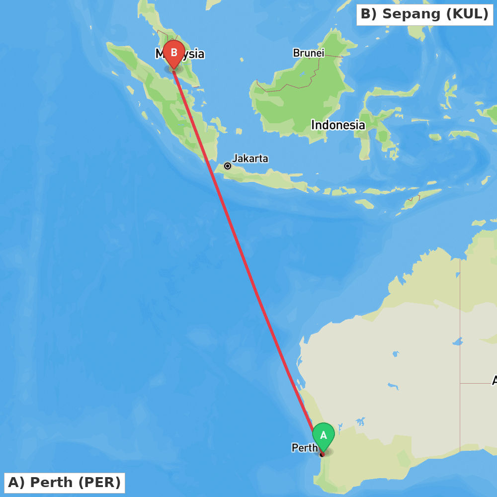 Flight route map from Perth to Sepang