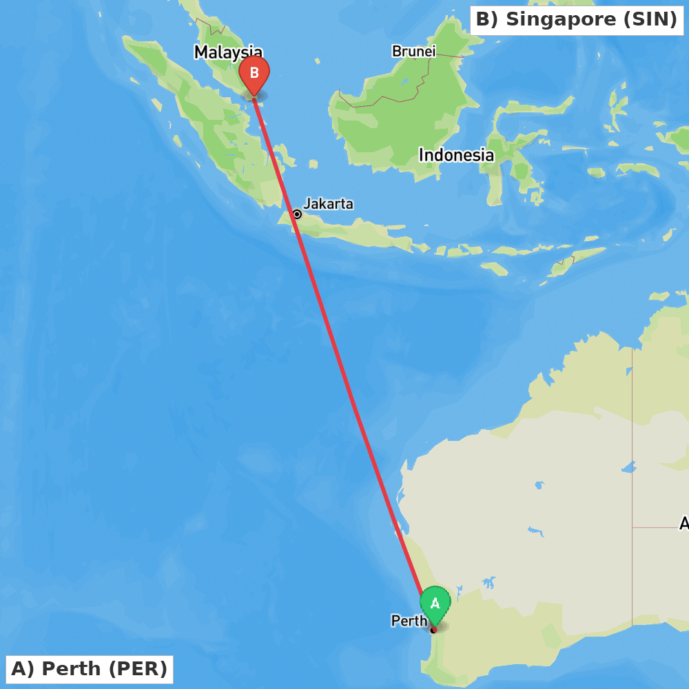 Flight route map from Perth to Singapore