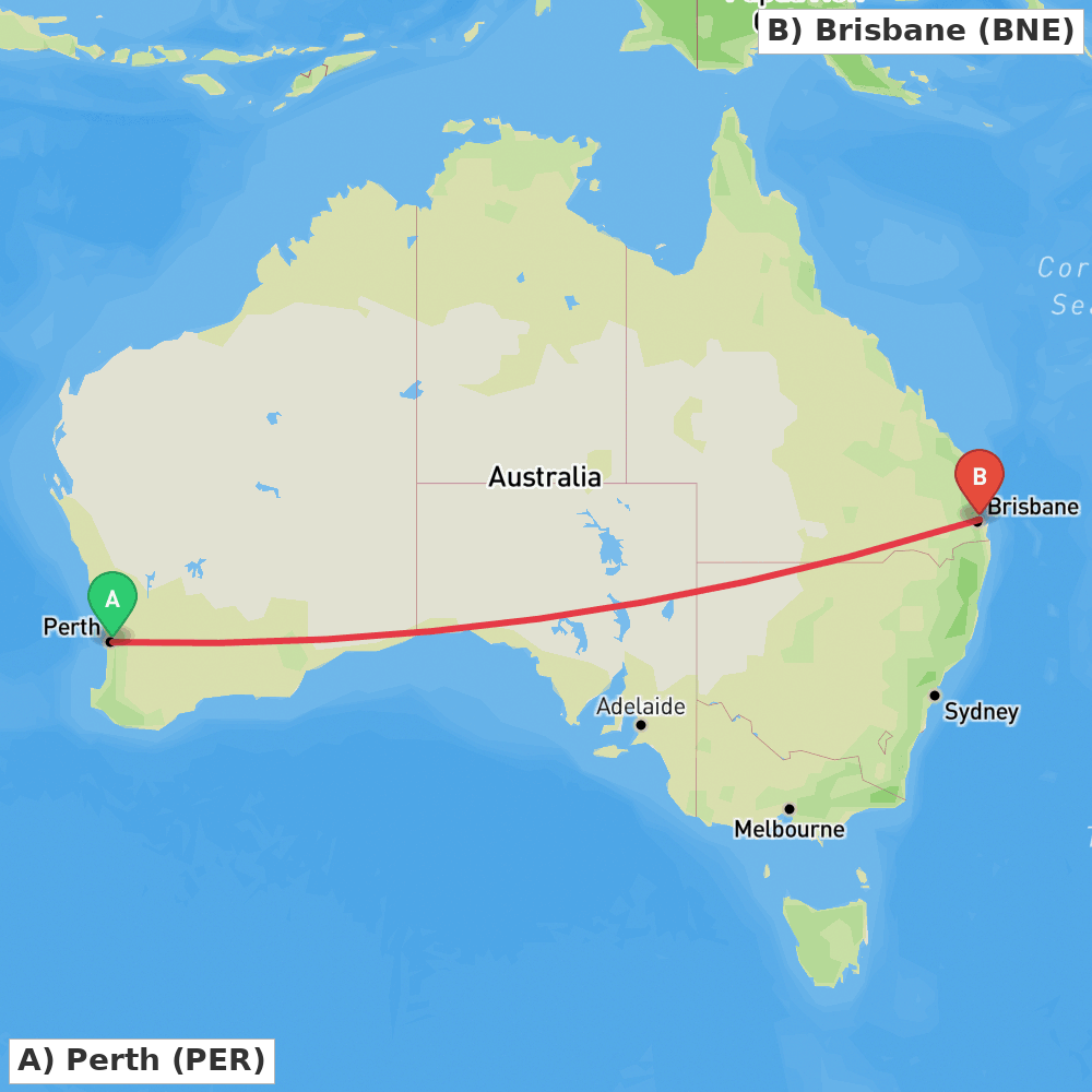 Flight route map from Perth to Brisbane