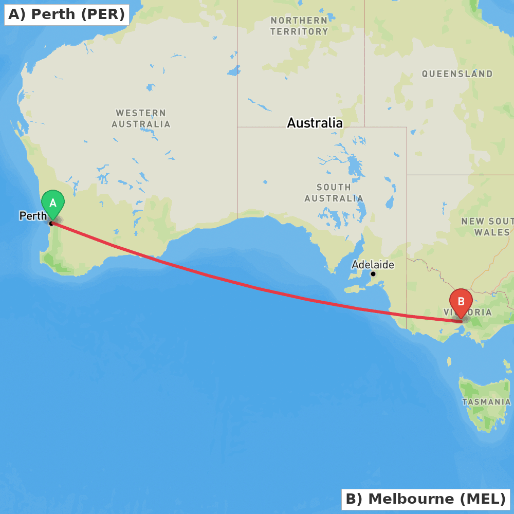 Flight route map from Perth to Melbourne