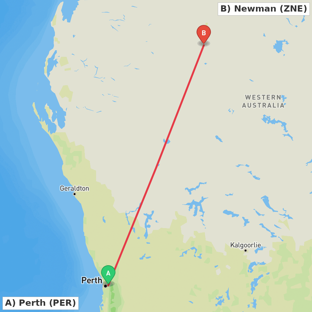 Flight route map from Perth to Newman
