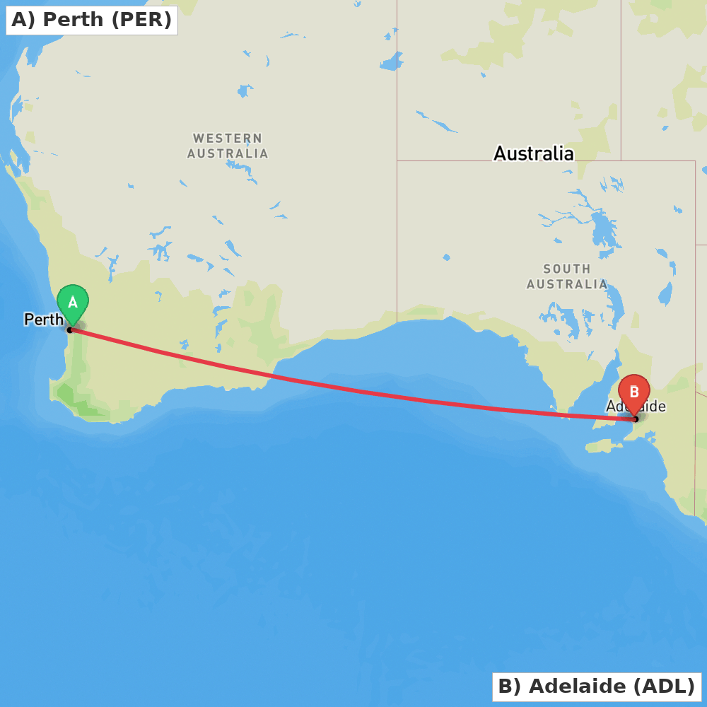 Flight route map from Perth to Adelaide